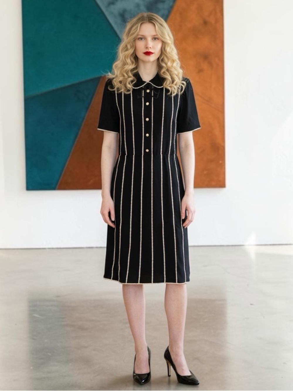 Gucci Black Midi Dress with Ivory Vertical Trim